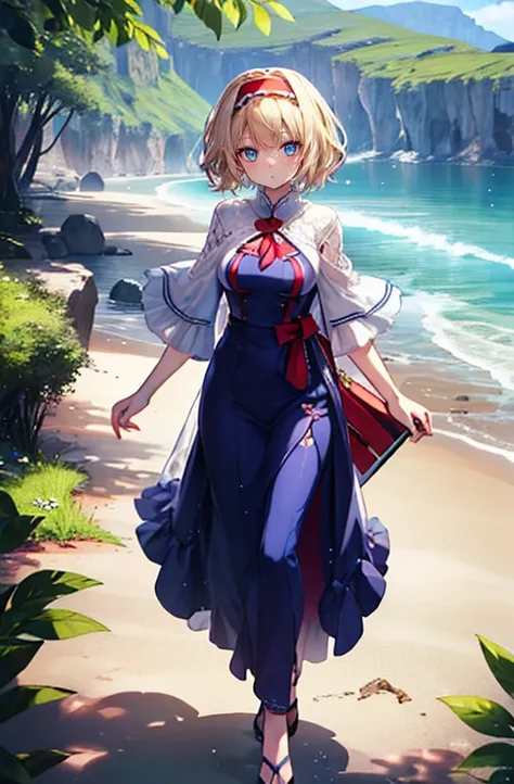 alice margatroid, short hair, blue eyes, blonde, smile, happy smile, smile, open your mouth,red headband,maxi dress,,,,,,walk,su...