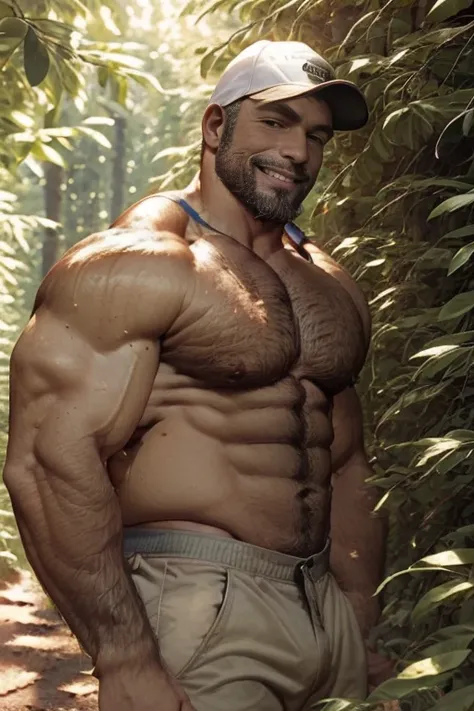 Masterpiece, Best Quality, High resolution, (1 chico:1.4), male focus, tanned skin, 50-year-old italian in forest, wearing baseball cap, brown hair, italian, furry, beefy, chubby, dad body, dad bod, in the forest with campfire background, warm lighting, HD...