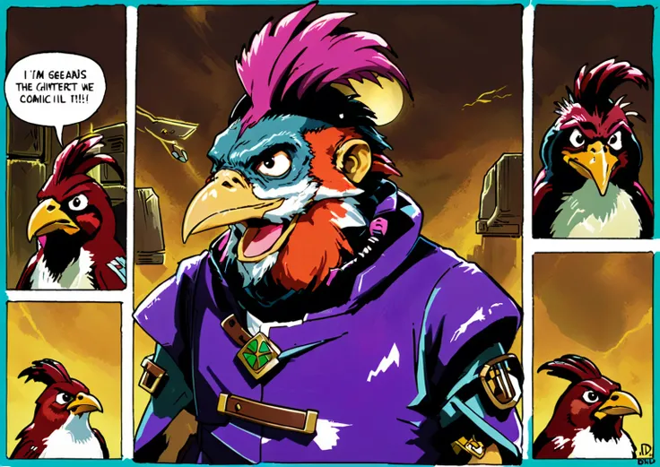 a drawing of a series of three pictures of an anthropomorphized chicken wearing admiral attire, (webcomic), webcomic, avian!!! fursona, squashed, comic inks, beaks, kenku, as a d & d monster, birb, cocky expression, squares, comic shading, the squirrel kin...