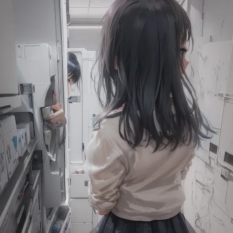 Anime girl looking into a fridge with a refrigerator in the background, Soft anime illustration, Realistic Anime 3D Style, Painted in an anime artist&#39;s studio, dark. by makoto shinkai, Realistic anime art style, Anime Aesthetics, Semi-realistic anime s...