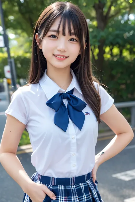 ((school uniform)),ribbon at neck,(school uniform and ((Plaid navy skirt)) and white shirt:1.1), Skin color, big , smile, (8k, RAW Photos, Highest quality, masterpiece:1.2), masterpiece, super detailed, super high quality, (Realistic and Realistic photogra...