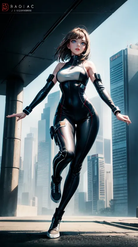 8K, Raw photo, highest quality, masterpiece, Full body, aerial view, cinematic lighting,| Miranda May Kerr stands tall in a white Cyberpunk uniform with pants full armor, and her dark brown hair cascading down her shoulders. Her ultra-detailed face with be...