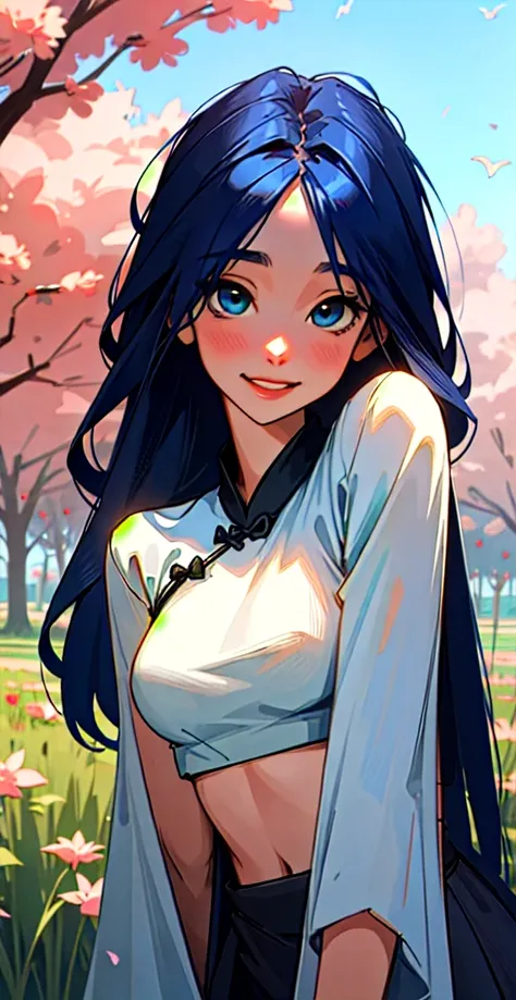 masterpiece, best quality, gorgeous pale american cute girl, smiling, (crop top), blue hair, straight hair, old chinese clothes,...