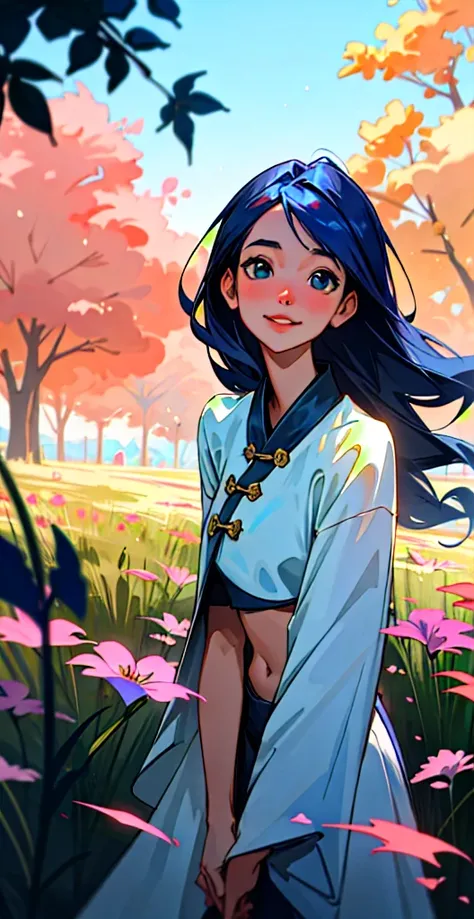 masterpiece, best quality, gorgeous pale american cute girl, smiling, (crop top), blue hair, straight hair, old chinese clothes,...