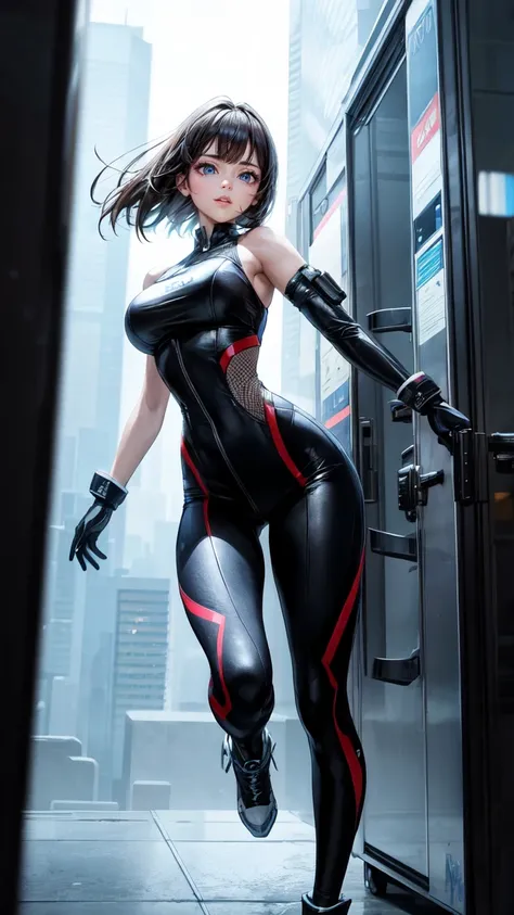 8K, Raw photo, highest quality, masterpiece, Full body, aerial view, cinematic lighting,| Miranda May Kerr stands tall in a white Cyberpunk uniform with pants full armor, and her dark brown hair cascading down her shoulders. Her ultra-detailed face with be...