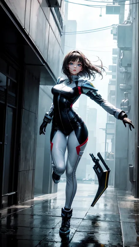 8K, Raw photo, highest quality, masterpiece, Full body, aerial view, cinematic lighting,| Miranda May Kerr stands tall in a white Cyberpunk uniform with pants full armor, and her dark brown hair cascading down her shoulders. Her ultra-detailed face with be...