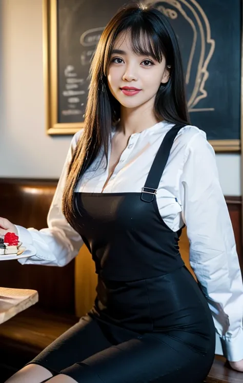 (A gorgeous lady, 32yo, with beautiful detailed eyes, friendly and kind smile, beautiful detailed lips, extremely detailed eyes and face, long eyelashes, a gentle face, in a coffee shop, as a waitress bringing a cake to the table, with bob haircut, healthy...