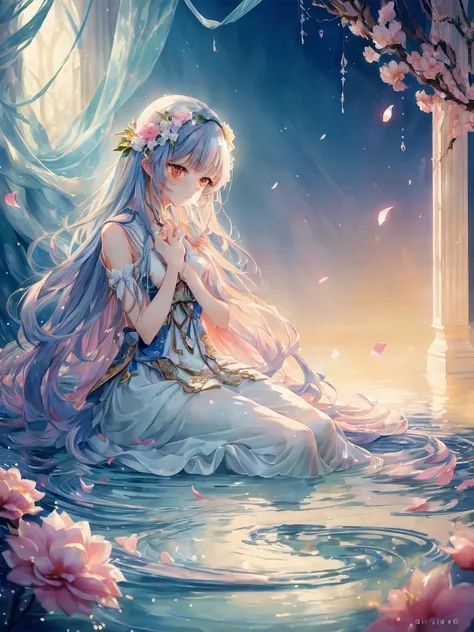 long hair anime girl sitting in water with flowers, beautiful fantasy anime, anime fantasy illustration, beautiful anime artwork...