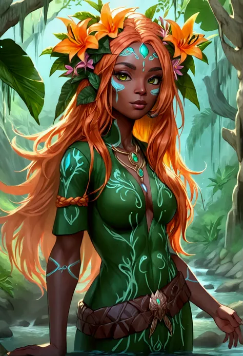 a picture of a druid in her jungle cove, an exotic, most beautiful human druid, priest of nature, warden of the wild of the jung...