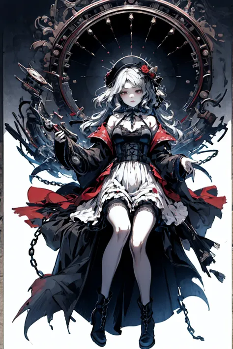 ((Highest quality)), ((masterpiece)), (detailed), One girl, Off the shoulder, blank White Background, Plain background, White Background, Red and white outfit, Inspired by Bloodborne,  occult aesthetic, occult, detailed and intricate steampunk and detailed...