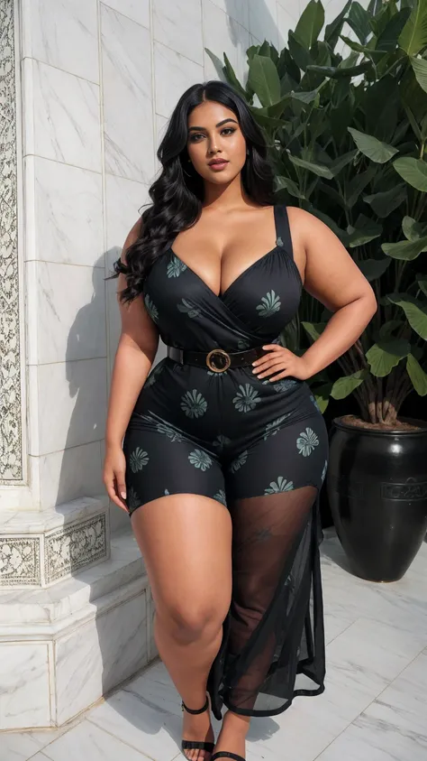 swastika mukharjee Indian beautiful woman curvy plus size hour glass bulky huge figure woman, closeup camera view, big huge m-cup breast, wearing Teenage Girls Tropical Plant Printed Jumpsuit With Belt For Vacation , covered Bust , elegant standing positio...