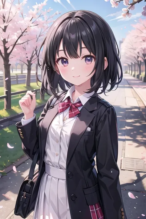 (masterpiece), school, cherry blossoms, outdoor, one girl, medium hair, black hair, smile, medium chest, particles of light, spe...