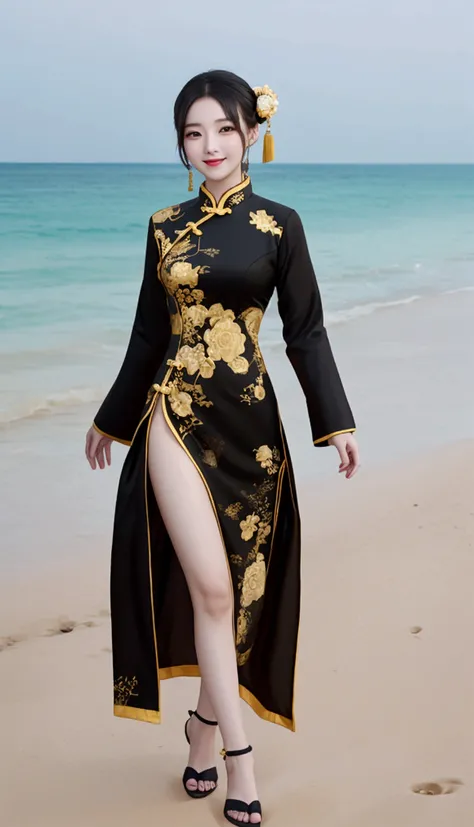 masterpiece,high quality,best quality,Exquisite facial features,Photo-real, A beautiful Chinese girl in a black and gold cutout outfit walks on the beach,qipao short,款式 黑色 长款尼龙连裤袜 腿部 whole body视图,whole body,Smiling and looking at the camera,photography. --...