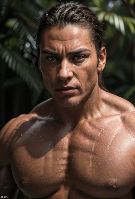 a muscular man, detailed portrait, highly detailed face, muscular physique, chiseled jawline, piercing eyes, strong expression, tanned skin, rugged features, dynamic pose, action shot, outdoor nature setting, dramatic lighting, vibrant colors, cinematic co...