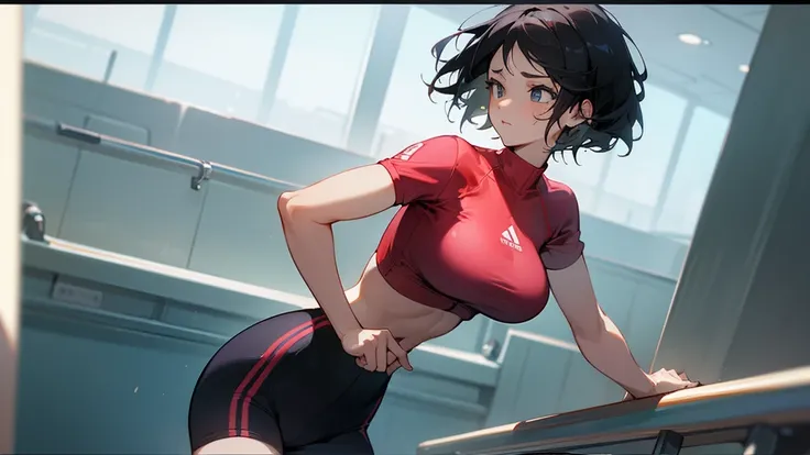 (Huge breasts:1),(masterpiece, Highest quality),((High resolution 4K)), 1 Female, alone, Black short hair, Loose waves,Front view,In the gym,Random color sportswear,Front view,Dynamic Camera