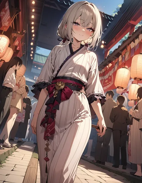 one beautifu girl walking around the Japanese festival venue,long straight gold ash hair,wearing Yukata(put the element of goth loli).,light smile,(masterpiece), (best quality), (ultra-detailed), (illustration), (detailed light),(an extremely delicate and ...