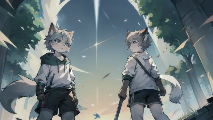 Cat，Gray hair and green eyes，and white coat color，Boys have strong sexual desire，Battle Attraction，shorts, wind element，hairy，Bullets rained down，Fighting Stance，Future War，Carol