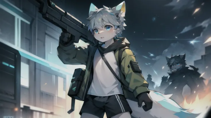 a boy with gray hair and green eyes, yellow and white fur, horny, combat-focused, wearing shorts, elemental wind powers, fluffy,...