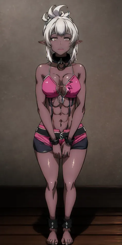 Appearance
Gender: Female
Age: Mature
Race: Drow (elf with dark skin and white hair)
Height: Full-body
Skin: Gray
Skin: Gray
Background: Plain Gray
Eyes: Purple
Attire: Bikini, revealing abdominal muscles
Accessories: Large earrings, ragged rags, chain nec...