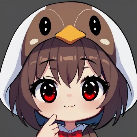 cute expression, hight quality, brown medium short hair, she wears a penguin kigurumi hoodie with a red bow tie, black and white outfit colors, Standing pose, white background, full body, very cute,