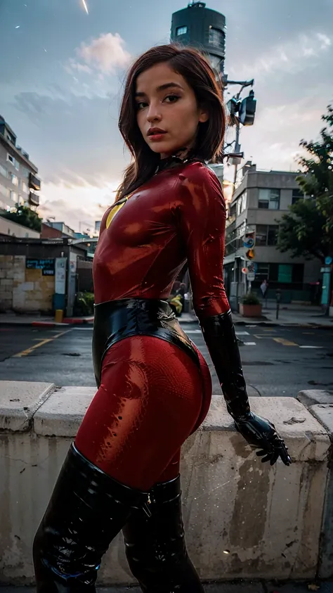 Masterpiece, (photorealistic1.4),Best quality, (solo), (1girl on night street)), (epiCRealLife), (lora:epiCFlashPhoto:0.75), (photorealistic1.4), (night scene), (night sky), (MsIncredible768red bodysuit ), (helenparr bodysuit), (dktj at night, Dakota Johns...