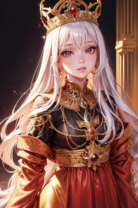 (highres, realistic, beautiful detailed eyes, beautiful detailed lips, detailed face),(naive girl, innocent girl),(queen, woman, royalty),(red eyes, long white hair),(glorious, majestic, regal), (golden, sparkling),(gorgeous black and red simple gown),(ful...