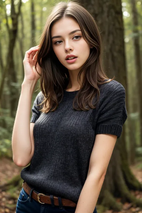 (bestquality,realistic:1.2),(brunette hair:1.1),(French:1.1),(sexy:1.1),(slim figure:1.1),(18 years old:1.1),(handcuffed:1.1),(black short sleeve sweater:1.1),(rolled-up sleeves:1.1),(hands up:1.1),(visible legs:1.1),(open mouth:1.1),illustration,forest,de...