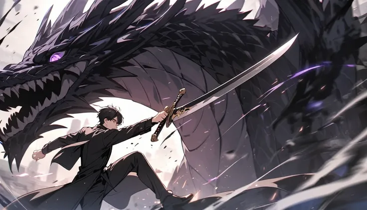 handsome, alone, 1 man, short hair, black hair, purple eyes, black shirt, black coat,fight with sword ,Fighting with a black dragon