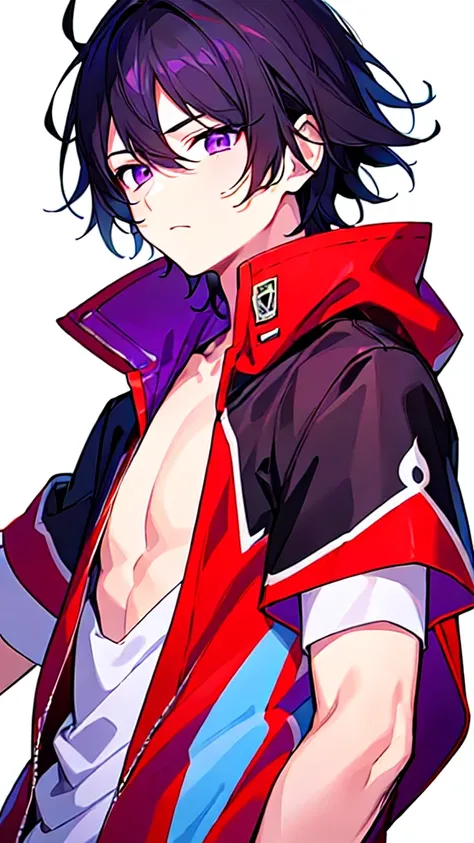 [(WHITE BACKGROUND:1.5),::5], ((((masterpiece)))), high quality, ultra very high resolution, full color, (((solo))), ((younger boy)), Black hair, (Purple eyes), anime, ((upper body)), red parka,