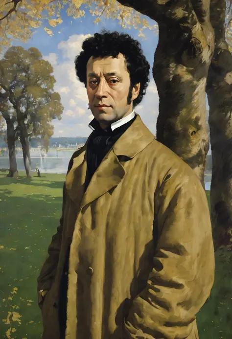 portrait of Pushkin under a spreading oak using grattage technique