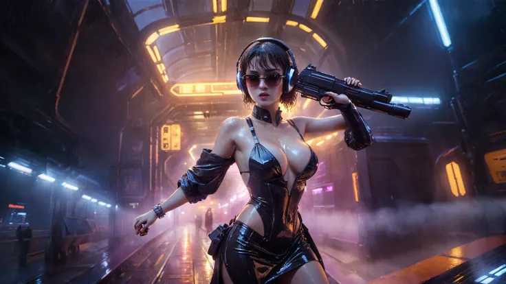 (((aerial view))), Blade Runner style futuristic railway platform, hi-tech train, neon lights, rainy night. (1girl, solo, alone), large-breast:1.2 slim body, cleavage:1.1, sexy wind blowing wet dress:1.4, headphone, (black sunglasses), (((she raised a pist...