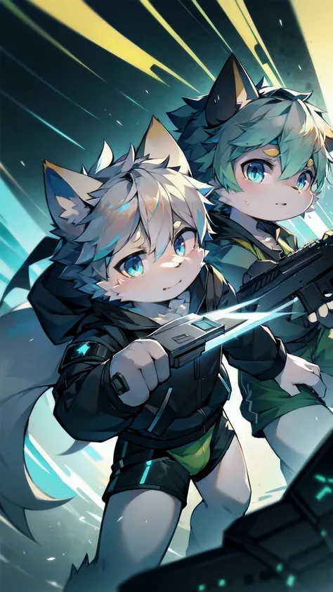 a boy with gray hair and green eyes, yellow and white fur, horny, combat-focused, wearing shorts, elemental wind powers, fluffy, bullets raining down, combat pose, futuristic war, cyberpunk