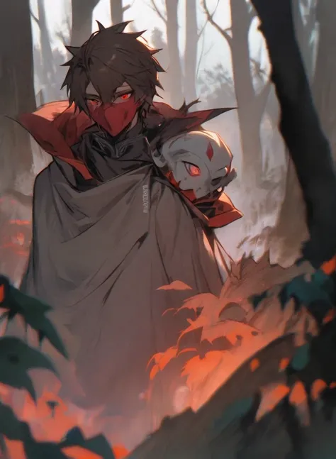 young man ,Male Dark, dark Woods, cold red colors, man brown hair with red eye, Warlock dnd , ghoul body