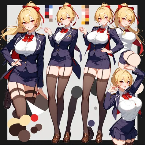 Highest quality, Ultra-detailed CG Unity 8k Wallpaper, Beautiful details、Large Breasts、Blonde、T-pose、White Shirt、mini skirt、Red ribbon、Lady、Slanted Eyes,Arrogant、uniform、Video Game Character Design、blazer、whole body、Front view、whole body画、Character Sheet、M...