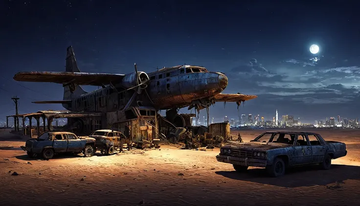 plane desert night city post apocalyptic