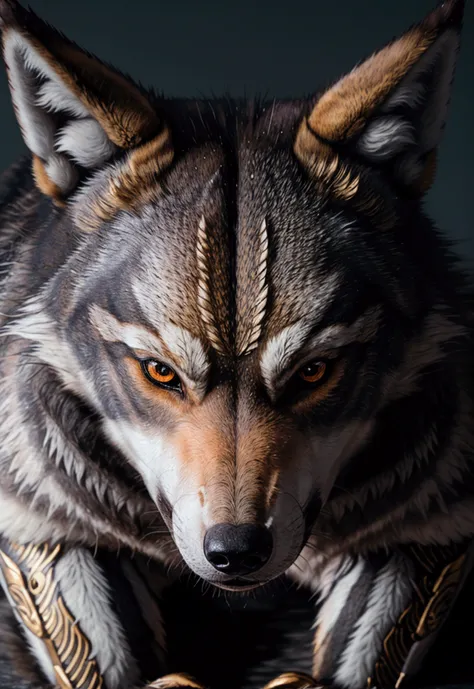 A detailed, highly realistic depiction of the Honshu wolf, a mythological creature from Japanese folklore, with Japanese calligraphy, ookami, elegant wolf, highly detailed fur, fierce glowing eyes, intricate details, 8K, photorealistic, masterpiece, dramat...