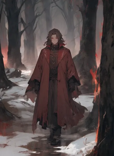 middle age man ,Male Dark, dark Woods, cold red colors, man brown hair with red eye, Warlock dnd , undead body