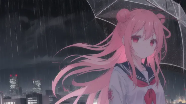 masterpiece, best quality, city background, rainy, 1girl, solo, upper body, bow, serafuku, satou, emotionless, expressionless, a...