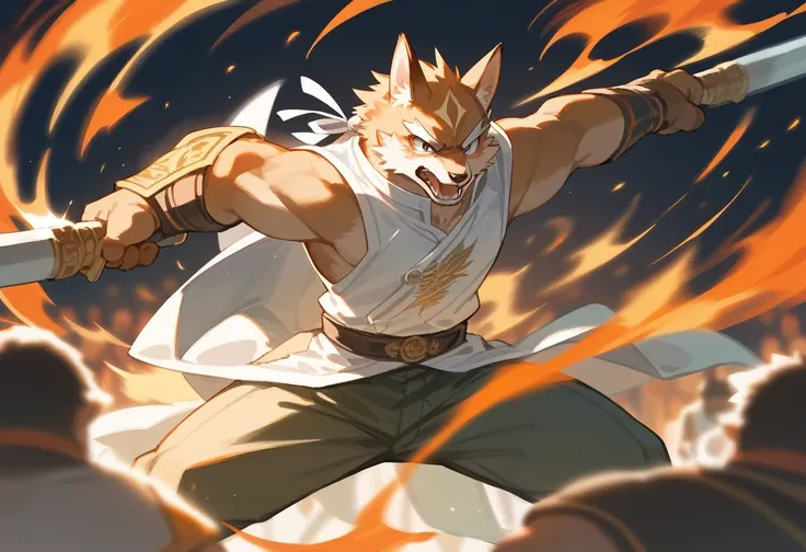 top quality, high-quality illustrations((masterpiece))depth of field, motion blur, absurdres, Perfect Anatomy, magnificent picture of kemono fighting fierce battles, kemono, 1boy, solo focus, Anthro((dramatic))epic, weapon, dynamic pose, One scene of movie...