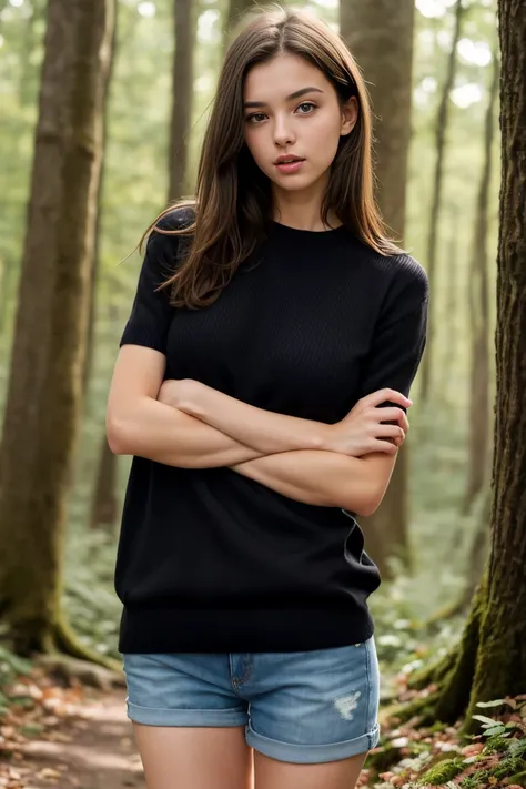 (bestquality,realistic:1.2),(brunette hair:1.1),(French:1.1),(sexy:1.1),(slim figure:1.1),(18 years old:1.1),(handcuffed:1.1),(black short sleeve sweater:1.1),(rolled-up sleeves:1.1),(hands up:1.1),(visible legs:1.1),(open mouth:1.1),illustration,forest,de...