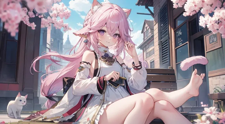 Eyes detailed，Full body photo,one-girl,meet,bare-legged，Barefoot，the watercolor style，Cat style,Public area display,sliver long hair,lightblue hair,Light pink hairstyle，Cat ears，a pink eyes，Lolita prostitute，meia blanca，Pink bow,mouth open smile,ligation b...