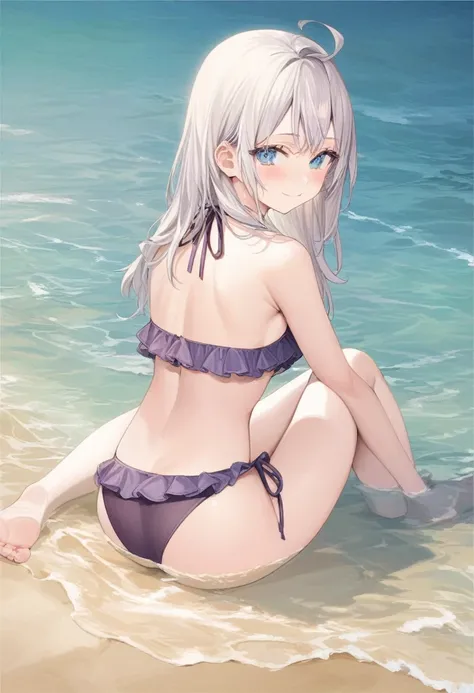 score_9,score_8_above,score_7_above, alya, light smile,Alone, long white hair, medium chest, wearing a sexy purple ruffled bikini, resting in the sand, back view, looking back, Stretched legs,Feet together, near the sea, legs in the sea, perfect ends