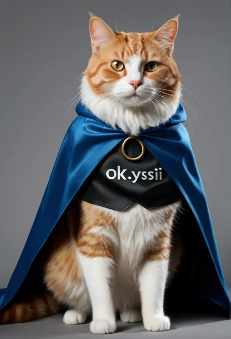 (best quality,4K,8k,A high resolution,master part:1.2),ultra detali,(Realistic,photorrealistic,photo-realistic:1.37),a cat wearing cape, written "Ocksyi" on the cape, (written "Ocksyi" on the cape)