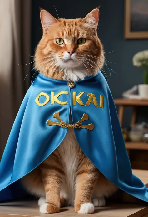 (best quality,4K,8k,A high resolution,master part:1.2),ultra detali,(Realistic,photorrealistic,photo-realistic:1.37),a cat wearing cape, written "Ocksyi" on the cape, (written "Ocksyi" on the cape)