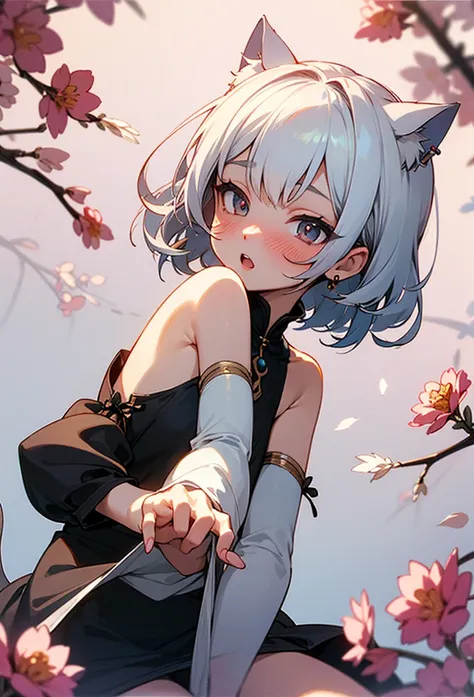 (masterpiece, best quality:1.1),
,1girl,12yo, cute,baby face, white hair, cat ear, tail,beautiful detailed teeth, eyes with large brown irises, small mouth, fresh lips,nose blush, detached sleeves dress, mini skirt,earrings,5finger,skirt lift,(panty) ,in c...