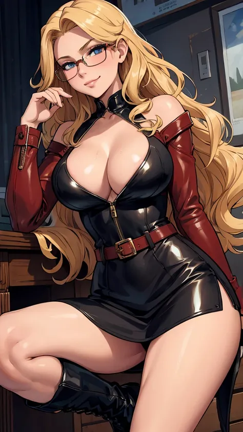 (masterpiece), best quality, expressive eyes, perfect face, blonde hair, long hair, wavy hair, glasses, cleavage, sexy clothes, smirk, leather boots, tight skirt