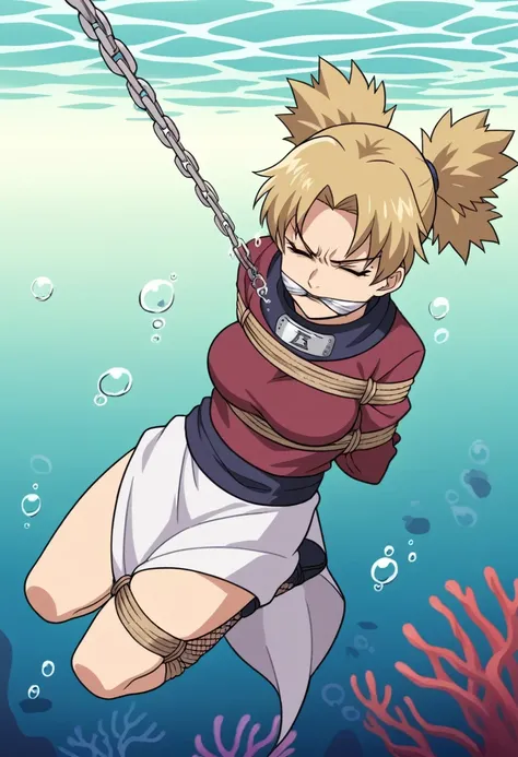 score_9, score_8_up, score_7_up, score_6_up, score_5_up, score_4_up, BREAK, source_anime, ytemari, 1girl, blonde hair, quad tails, white cloth blindfold over eyes fishnets, purple garment, sash, solo, simple background, anime screencap, anime coloring, clo...