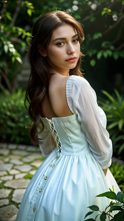 a girl in a garden, 1girl, beautiful detailed eyes, beautiful detailed lips, extremely detailed eyes and face, long eyelashes, elegant dress, white dress, soft lighting, warm lighting, low key lighting, chiaroscuro lighting, dramatic lighting, backlit, sid...