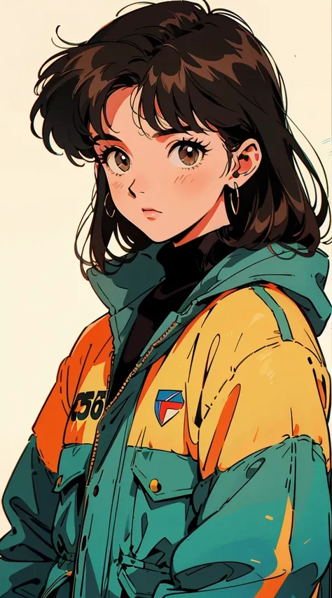 Best image quality, 90s style anime, 21 year old girl, Brown Hair, Long Hair, No bangs、Light brown eyes, Wearing a loose parka, 90s fashion, White Background