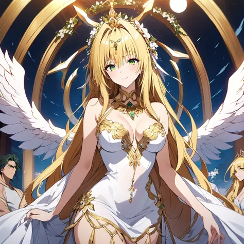 ((Highest quality)), ((masterpiece)), (detailed), （Perfect Face）、The woman was a great angel who became the Greek goddess Hera.６An archangel and god with wings and a shining halo above his head.々Goddess Tiara, wife of Zeus, king of the gods, and queen of t...